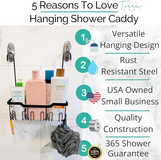Heavy-Duty Black Hanging Shower Caddy with Rotatable Hooks and Adhesives - Rust-Proof 304 Stainless Steel - Bathroom Caddy for Organizing Your Shower Essentials