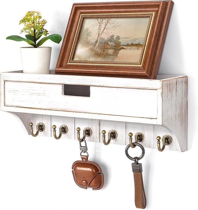Rebee Vision Pine Wood Key Holder Wall Mount with Drawer Organizer for Farmhouse Decor – Mail Organizer with 6 Sturdy Key Hooks and Storage Drawer – Room Decor for Apartment Essentials (Whitewash)