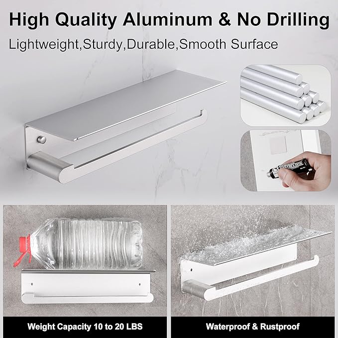 Paper Towel Holder Wall Mount for Kitchen, Self-Adhesive Paper Towel Holder with Shelf for Bathroom, Anti-Rust Aluminum, No Drill or Wall-Mounted with Screws (Silver)