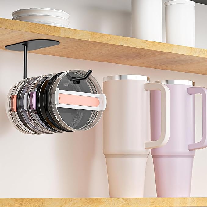 4 Pack Tumbler Lid Organizer, Space Saving Cup Lid Organizer for Yeti/Stanley/Simple Modern Tumbler Lids, Self-Adhesive or Drilling Tumbler Lid Hook for Kitchen Organizers and Storage