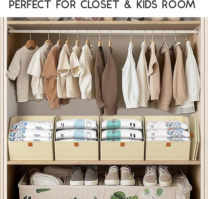 Fabric Closet Storage Cubes - 6 Pack Square Storage Bins with Dual Handles for Clothes, Towels, Toys, Cube Storage Organizers for Bedroom, Nursery, Shelves, Closet, Small Spaces, Light Beige