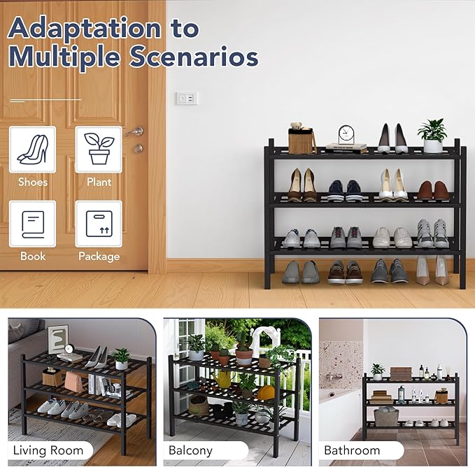 Haddockway 3 Tier Bamboo Shoe Rack Storage Organizer, Multifunctional Free Standing Stackable Shoe Shelf with Grid Panel for Closet,Hallway,Entryway,Small Space 27"x11"x20"