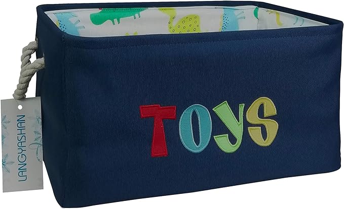 LANGYASHAN Rectangular Storage Bin Collapse Canvas Fabric Cartoon Storage Basket with Handles for Organizing Home Kitchen Boys and Girls Toys Office Closet Shelf Baskets (Navy toys)