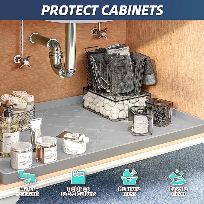 SIKADEER 37" x 22" Under Sink Mat Waterproof, Silicone Mat Kitchen Drawer Shelf and Cabinet Liner, Sink Protector for Bathroom Organizers and Storage, Boot Tray Pet Food Mats