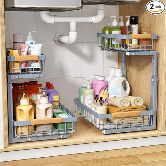 PXRACK Under Sink Organizer, Adjustable Height, 2 Tier Pull Out Under Cabinet Organizer, Slide Out Thickened Metal Under Sink Storage for Kitchen Bathroom Laundry Pantry Cabinet, Grey, Large-2-Pack