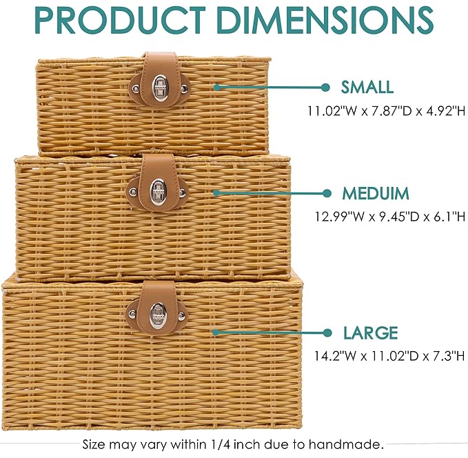 Wicker Storage Baskets with Lids, Set of 3 Decorative Storage Boxes For Organizing, Woven Baskets with Leather Lock and Handles (Beige)
