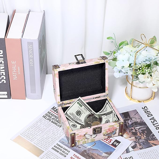 ELLDOO Decorative Treasure Chest Box, Wooden + PU Leather Storage Box for Jewelry Trinkets, Keepsakes box for Girls Women Gifts (Butterfly Pattern, Small)