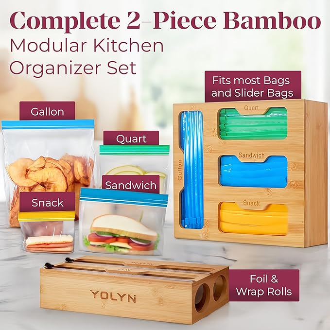 Bamboo Food Storage Bag Organizer for Drawer with Foil & Plastic Wrap Dispenser â 4 in 1 Premium Kitchen Drawer Organizer for Gallon, Quart & Sandwich Bags