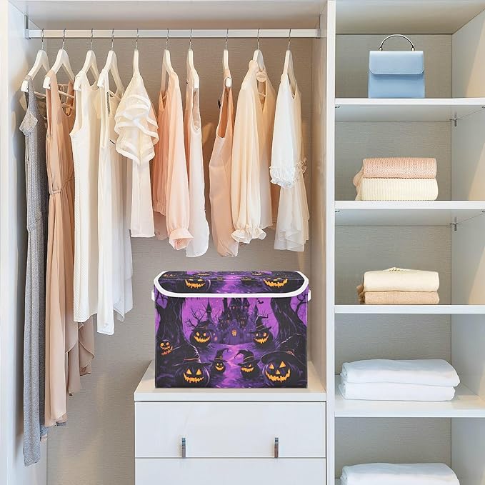 Collapsible Storage Bins with Lids Decorative Fabric Storage Cubes Closet Organizer and Storage Basket Boxes Containers for Clothes Box Chest Nursery Folding Rectangle Purple Castle Pumpkin