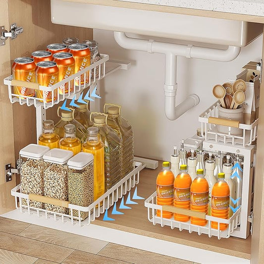 2 Pack Under Sink Organizer Cabinet for Kitchen Bathroom, 2 Tier Metal Slide Out Under Sink Drawers, Adjustable Height, Under Sink Pull Out Organizers and Storage, White,13.7" H-17 H
