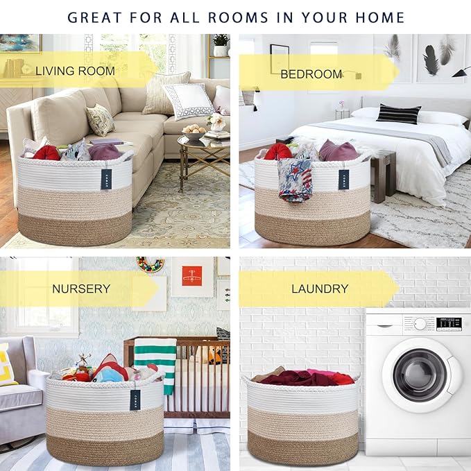COMSE Extra Large Blanket Basket, Woven Laundry Basket, 21.7âx 13.8â, Nursery Hamper, Cotton Rope Laundry Hamper Living Room for Storage Toys Clothes Towels(White & Gradient Brown)