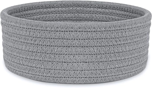 ABenkle Small Woven Basket, Empty Tiny Shallow Storage Basket, Mini Cotton Rope Baskets, Round Decorative Hamper, Basket Storage Bins for Toys, Spa, Socks, Nursery, Living Room- Grey