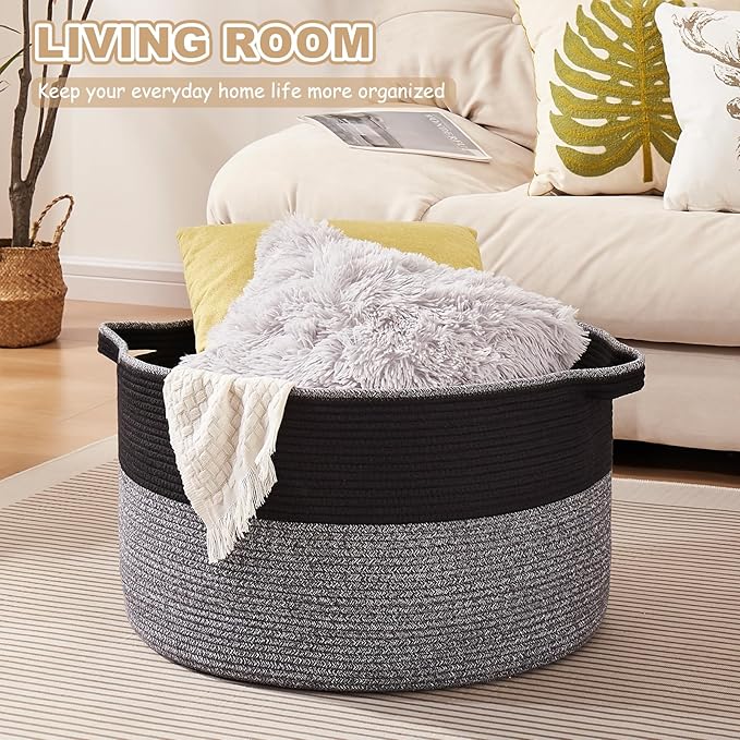 Large Blanket Basket with Handles, 22.8" x 22.8" x 13" Woven Storage Basket for Living Room, Cotton Rope Baby Toy Storage for Clothes, Pillows, Towels-Black and Grey