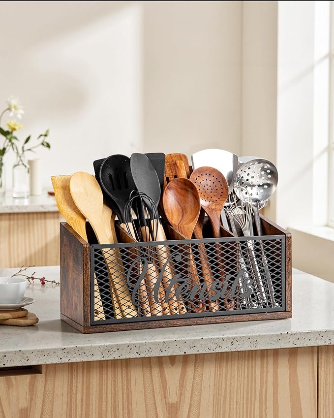Extra Large Kitchen Utensil Holder with 4 Compartments, Wooden Cooking Utensil Holder for Counter, Farmhouse Utensil Organizer for Countertop, Spatula Holder, Rustic Kitchen Decor, Brown