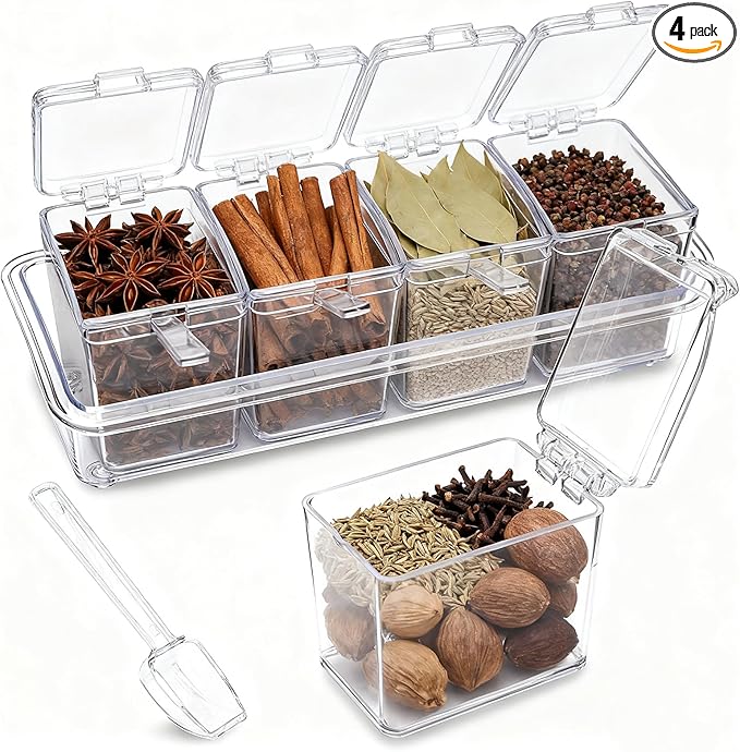 Clear Seasoning Box, 4 Pieces Seasoning Rack Spice Pots, Storage Container Condiment Jars Acrylic Seasoning Box with Covers and Spoons for Spice, Sugar, Salt, Sugar, Cardamon, Cinnamon