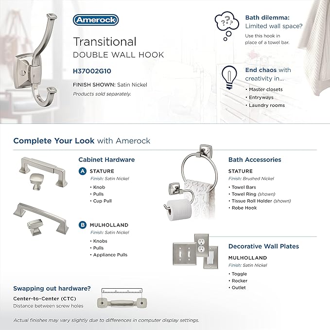 Amerock H37002G10 | Kinsale Double Prong Decorative Wall Hook | Satin Nickel Hook for Coats, Hats, Backpacks, Bags | Hooks for Bathroom, Bedroom, Closet, Entryway, Laundry Room, Office