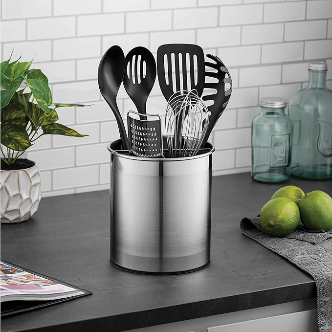 FineDine Rotating Kitchen Utensil Holder for Kitchen Counter - With Weighted Base for Stability, Stainless Steel Cooking Utensil Holder with Removable Divider, Brushed Stainless Steel