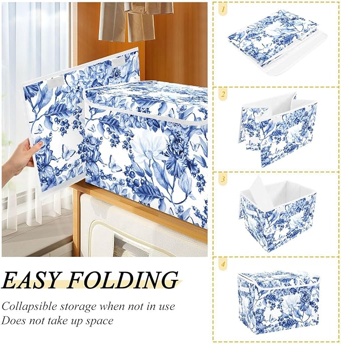 Collapsible Storage Bins with Lids Decorative Fabric Storage Cubes Closet Organizer and Storage Basket Boxes Containers for Clothes Box Chest Folding Rectangle China Blue