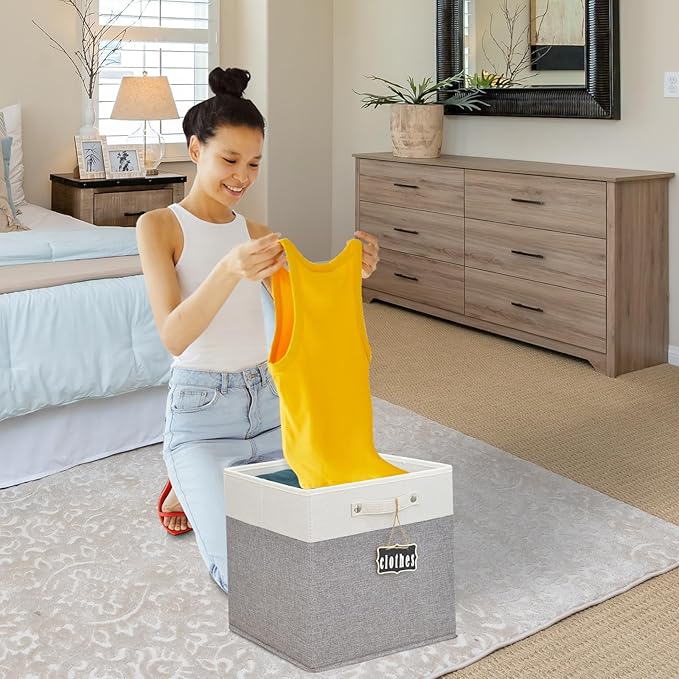 13x13x13 Storage Cube Bins 4 Pack,Collapsible Fabric Storage Cubes with Labels,Linen Cube Storage Organizer Bins with Cotton Handles,Square Storage Cubes for Home,Office,Clothes,Cabinet(White Grey).