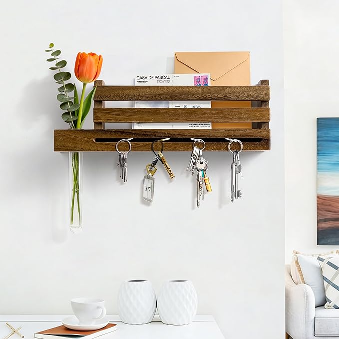 AELS Solid Walnut Wall Mounted Key Holder with Acrylic Vase & Mail Organizer, Wooden Entryway Key Rack with 5.9" Test Tube Vase, Decorative Key Hanger with Slot for Keys and Letters, Brown, Gift Idea