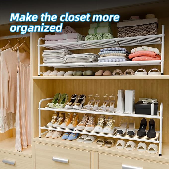 Shoe Rack for Closet, 2 Tier 44 Inch Extra Long Shoe Storage Organizer for Shelves, Heavy Duty Metal, Easy Assembly, White