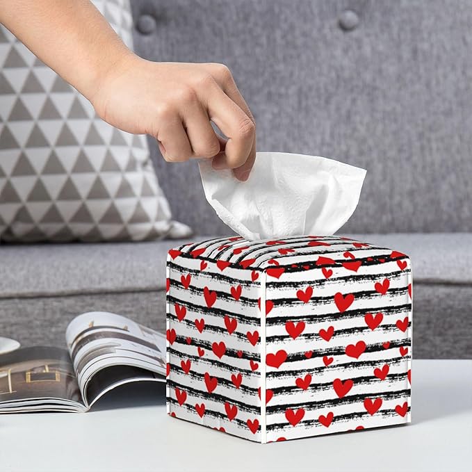 Tissue Box Holder Red Hearts on Black and White Stripes Tissue Box Cover Square Leather Tissue Holder Organizer Portable Decorative Facial Paper Case for Home Office Bathroom Vanity Countertop