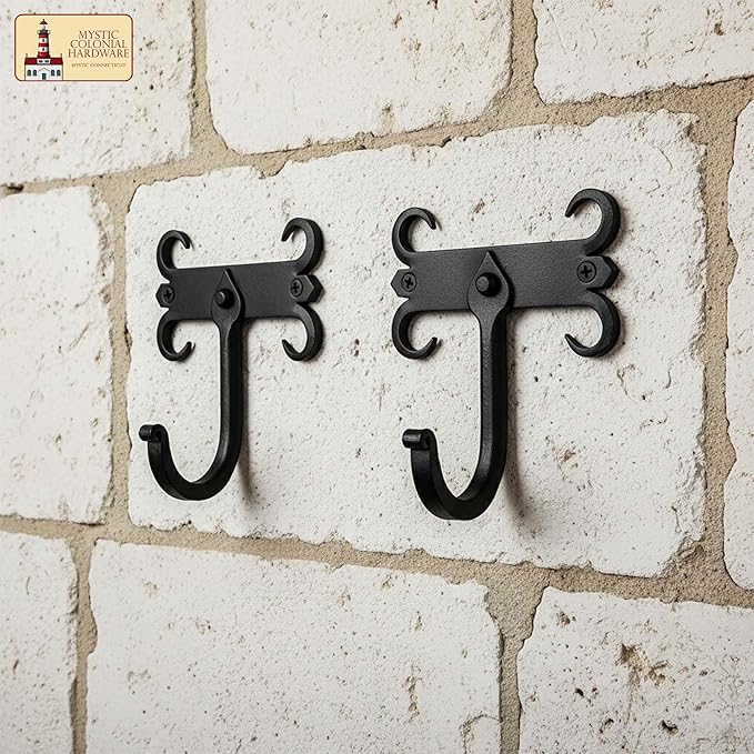 Mystic Colonial Rustic Cast Iron Wall Hooks, Heavy Duty Retro Utility Hooks for Hanging Coat, Bag, Towel, Robe, Hat and More, Mounting Hardware Included, Pack of 2