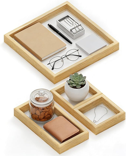 Small Bathroom Countertop Wooden Tray Set of 4 for Vanity and Toilet Tank, Stackable Desk Drawer Organizer, Wood Color