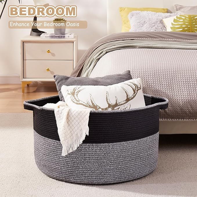 Large Blanket Basket with Handles, 22.8" x 22.8" x 13" Woven Storage Basket for Living Room, Cotton Rope Baby Toy Storage for Clothes, Pillows, Towels-Black and Grey