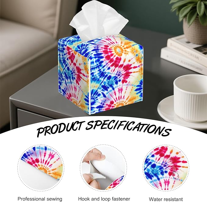 Rainbow Tie Dye Swirl Tissue Box Cover Square,Tissue Box Holder with Belt Bottom,Stylish Leather Napkin Holder for Vanity Countertop,Nightstands,Office Desk,5.2"Ã5.2"Ã5.2"