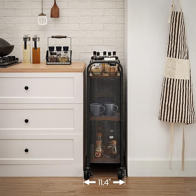 VASAGLE 3-Tier Narrow Storage Cart, Rolling Cart with Wheels, Steel Frame, Slim Storage Cart for Kitchen, Dining Room, Laundry Room, Adjustable Feet Included, Industrial Style, Rustic Brown and Black
