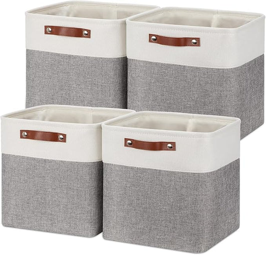 Temary 12 Inch Storage Baskets Foldable Fabric Storage Cubes 4PCs Storage Bins Organizer with Handles, Baskets for Organizing Clothes, Towels (White & Grey, 12 x 12 x 12)