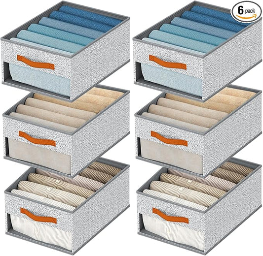 Drawer Organizers and Storage - 6 Pack Foldable Pants Organizer with Clear Window & Handles, Fabric Closet Organizer for Clothes, Jeans, Sweaters, Towels, T-shirt, Scarf (Ant Light Gray)