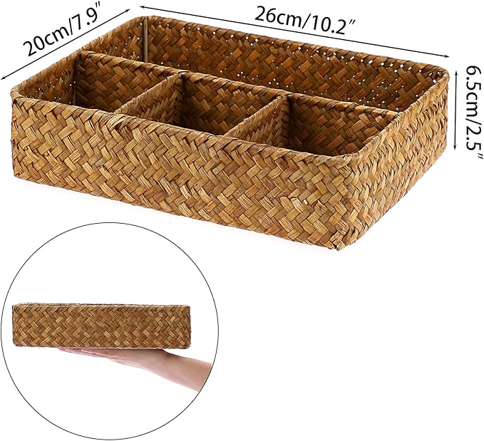 ELLDOO Brown Seagrass Tea Bag Organizer Tray, 10.2"L x 7.9"W x 2.5"H