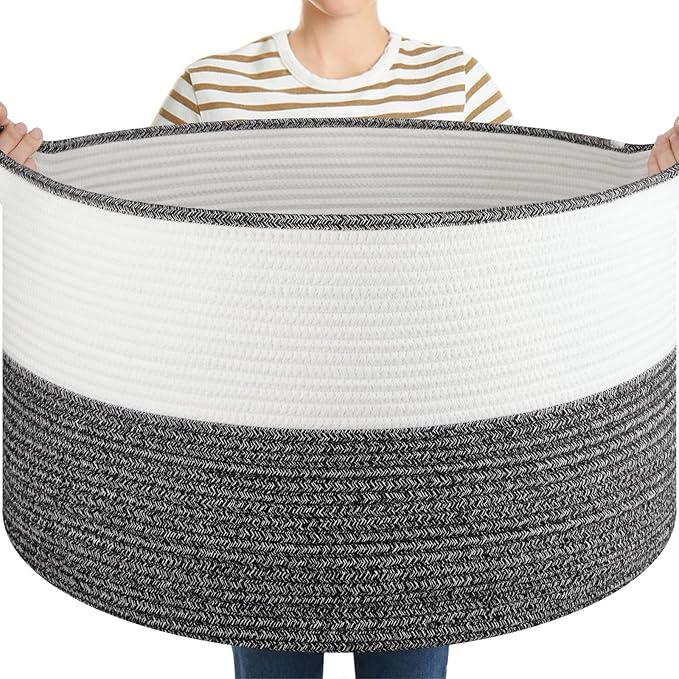 Large Blanket Basket with Handles, 22.8" x 22.8" x 13" Woven Storage Basket for Living Room, Cotton Rope Baby Toy Storage for Clothes, Pillows, Towels-Black & White