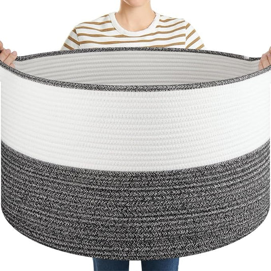 Large Blanket Basket with Handles, 22.8" x 22.8" x 13" Woven Storage Basket for Living Room, Cotton Rope Baby Toy Storage for Clothes, Pillows, Towels-Black & White