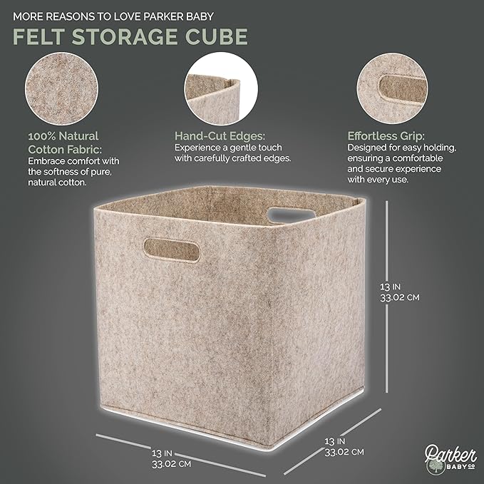 Parker Baby Felt Foldable Storage Cube - 13 Inch Nursery Cubby Bin for Cube Organizer, Closet Organizers and Storage Toy Bin, Rope Baskets Bins for Toyâs Storage - Oatmeal