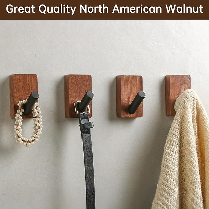 4 Pack Wooden Wall Hooks, Adhesive and Screw Mounted for Heavy Duty, Boho Decorative Coat Hooks for Towel, Clothes, Blanket, Hat, Entryway, Nursery Door