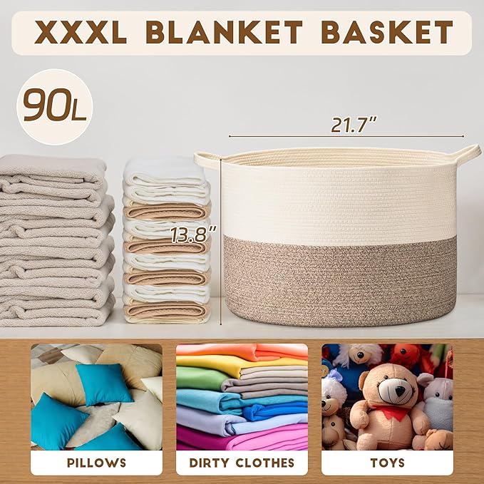 XXXLarge Woven Cotton Rope Basket (21.7" x 13.8") 90L – Blanket Basket for Living Room, Laundry Hamper, Baby Laundry Hamper, Toy Storage, Pillows & Cushions Organizer (Brown)