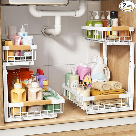 PXRACK Under Sink Organizer, Adjustable Height, 2 Tier Pull Out Under Cabinet Organizer, Slide Out Thickened Metal Under Sink Storage for Kitchen Bathroom Laundry Pantry Cabinet, White, Large-2-Pack