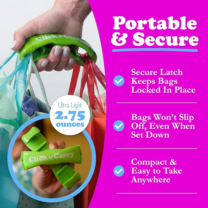 Click & Carry Grocery Bag Carrier Handle - Carry More in Fewer Trips, 100lb Capacity, Hands-Free, Gel-Padded Ergonomic Design, Shopping & Grocery Bag Holder - As Seen On Shark Tank, Green, 1 Pack