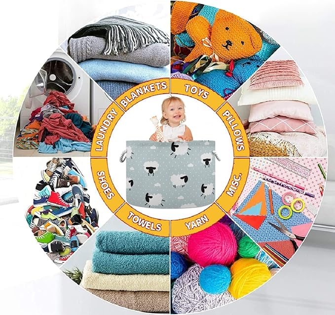 visesunny Cute White Sheep Animal Dot Grey Collapsible Large Capacity Basket Storage Bin with Durable Cotton Handles, Home Organizer Solution for Office, Bedroom, Closet, Toys, Laundry