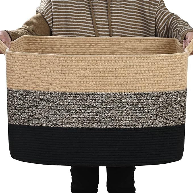 Large Blanket Basket, 100L Storage Baskets for Organizing, Woven Laundry Basket for Blankets, Cotton rope Blanket Storage for Living Room, Nursery Room, 24.8"L x 15.74"W x 15.74"H, Brown & Black