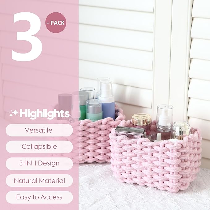 Sea Team 3-Pack Rectangle Woven Cotton Rope Storage Baskets with Handles, Shelf Basket, Closet Organizers, 3-in-1, Pink