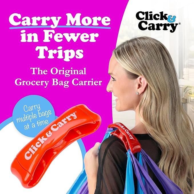 Click & Carry Grocery Bag Carrier Handle - Carry More in Fewer Trips, 100lb Capacity, Hands-Free, Gel-Padded Ergonomic Design, Shopping & Grocery Bag Holder - As Seen On Shark Tank, Red, 1 Pack