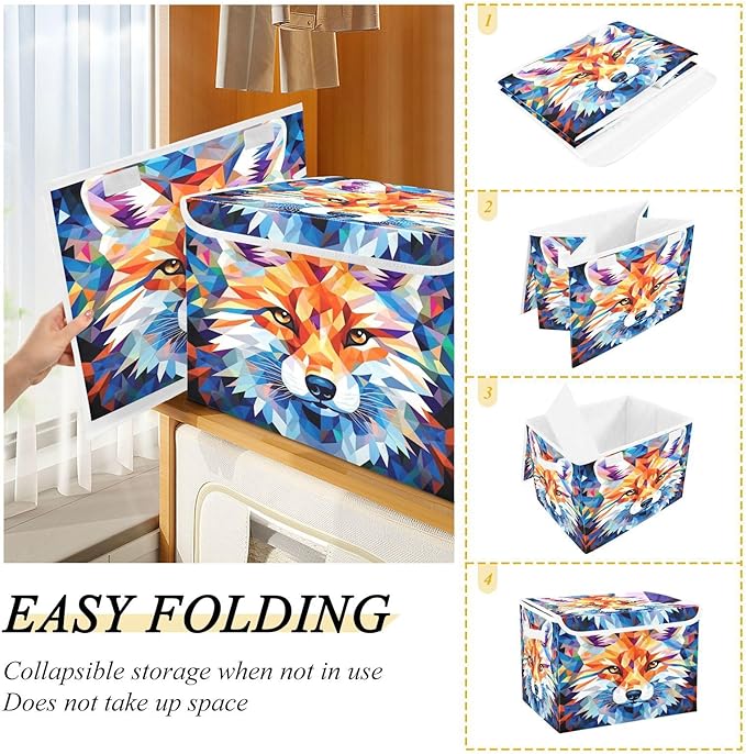Fox Geometric Collapsible Storage Bins with Lids Decorative Fabric Cubes Closet Organizer Basket Boxes Containers for Clothes Box Chest Folding Rectangle