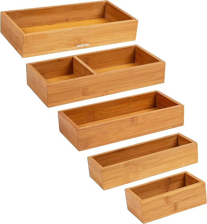 Mind Reader 5-Piece Bamboo Drawer Organizer Set, Stackable Storage Trays for Kitchen, Bathroom, Office, Makeup & Jewelry, Rayon from Bamboo, Brown