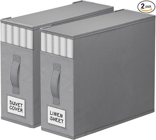 2 Pack Bed Sheet Closet Organizers and Storage,Sturdy Foldable Storage Containers with Window and Label,Storage and Organization for Bedding Sheets,Duvet Covers,Blankets (Grey)