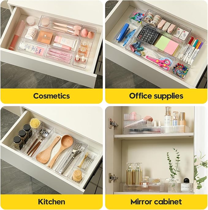 7 PCS Clear Drawer Organizer Bins with Locking Clips, Interlocking Non-Slip Stackable Drawer Trays, 4 Sizes for Makeup Vanity, Bathroom, Office & Kitchen