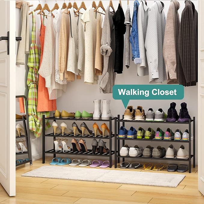 3-Tier Black Bamboo Shoe Rack for Entryway, Stackable | Foldable | Natural, Shoe Shelf Storage Organizer for Hallway Closet, Free Standing Shoe Racks for Indoor Outdoor